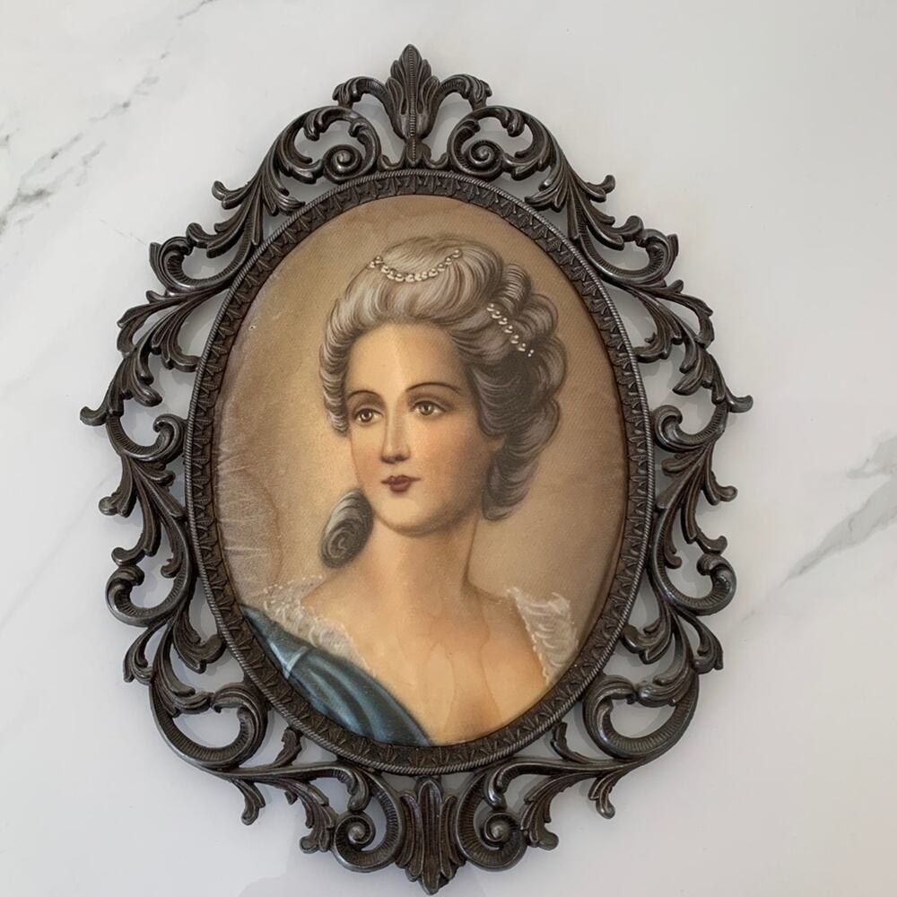 Antique Rococo French Portrait On Silk Frame